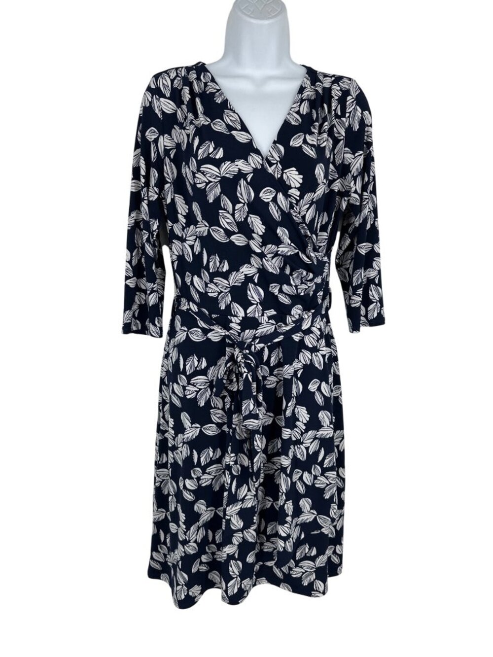 41 Hawthorn Navy White Leaf Print Faux Wrap Knit Dress Size M